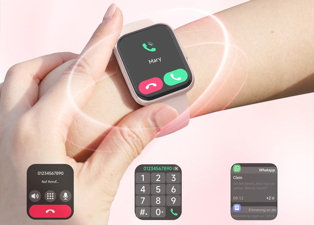 Smartwatch on a wrist with app icons displayed on a pink background