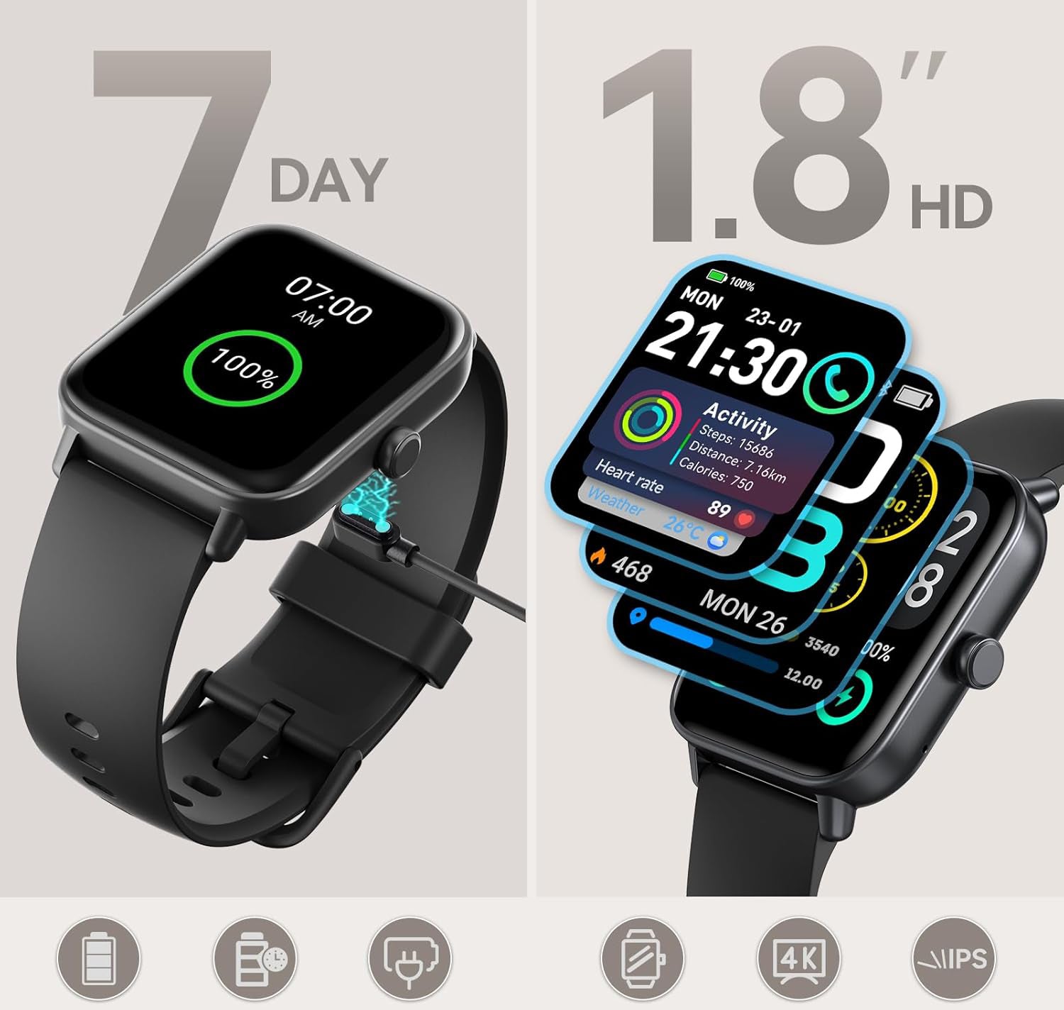 Smartwatch with black band displaying time and health metrics on a gray background