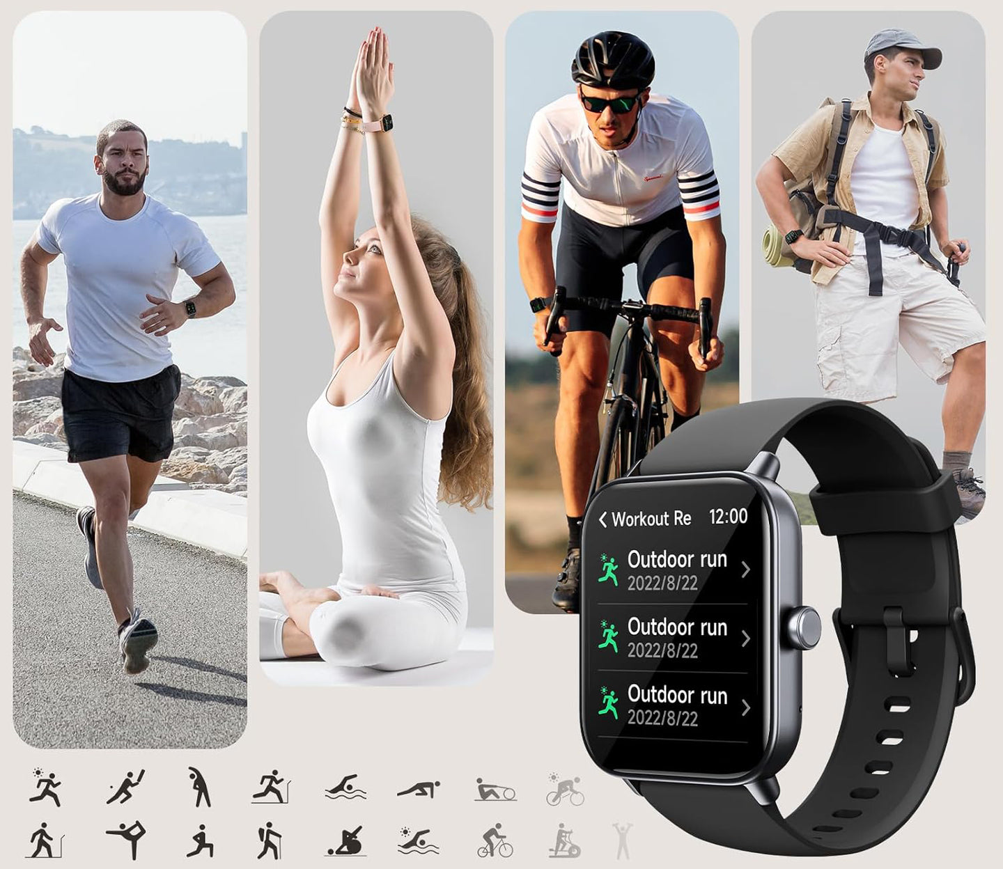 Smartwatch displayed with various people engaging in different activities on a scenic background.