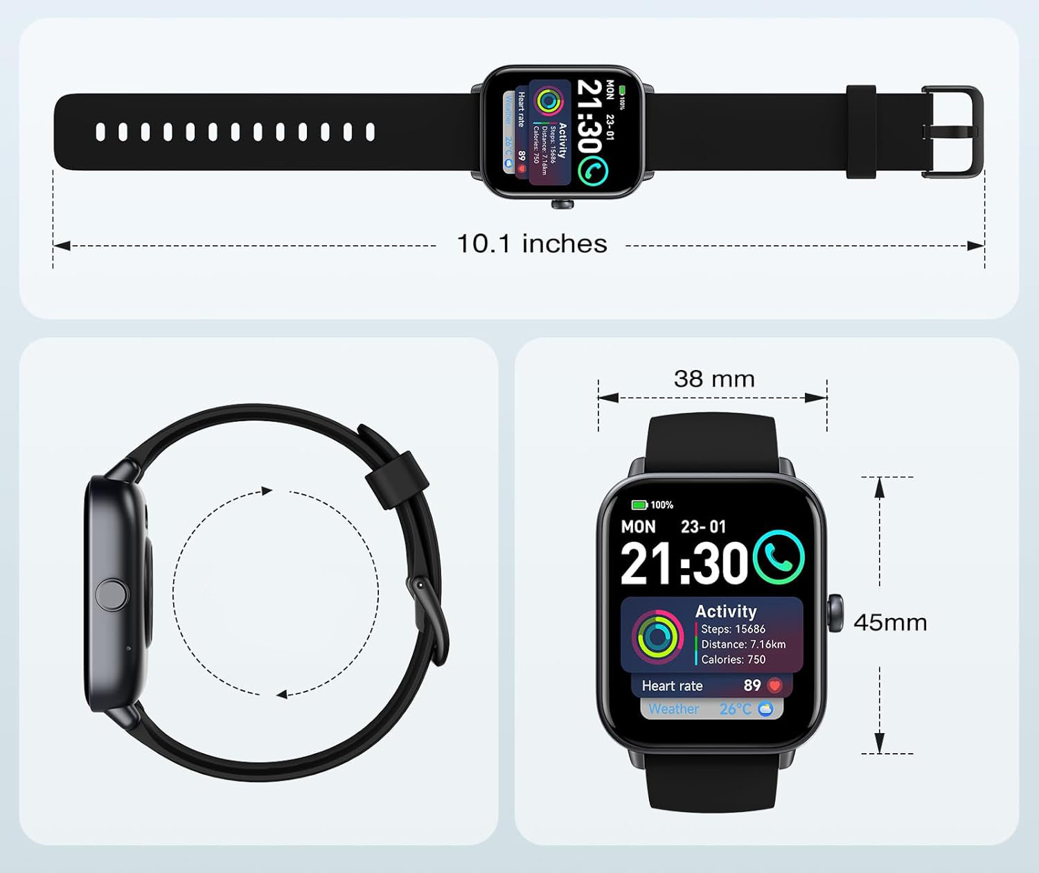 AEAC IDW19 Smartwatch, 1.8" Display, 110 Modes Black