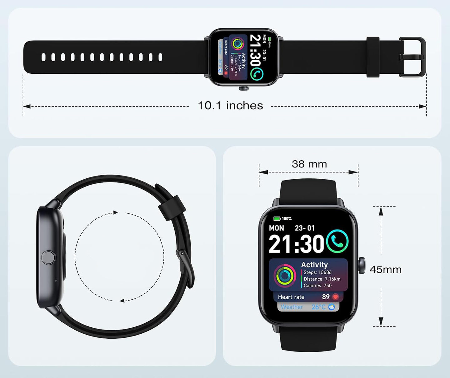 AEAC IDW19 Smartwatch, 1.8" Display, 110 Modes Black