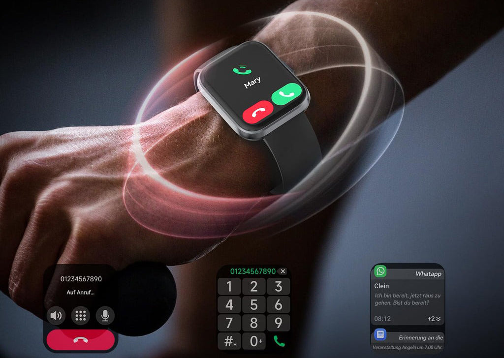 Smartwatch on a wrist with app icons and notifications displayed