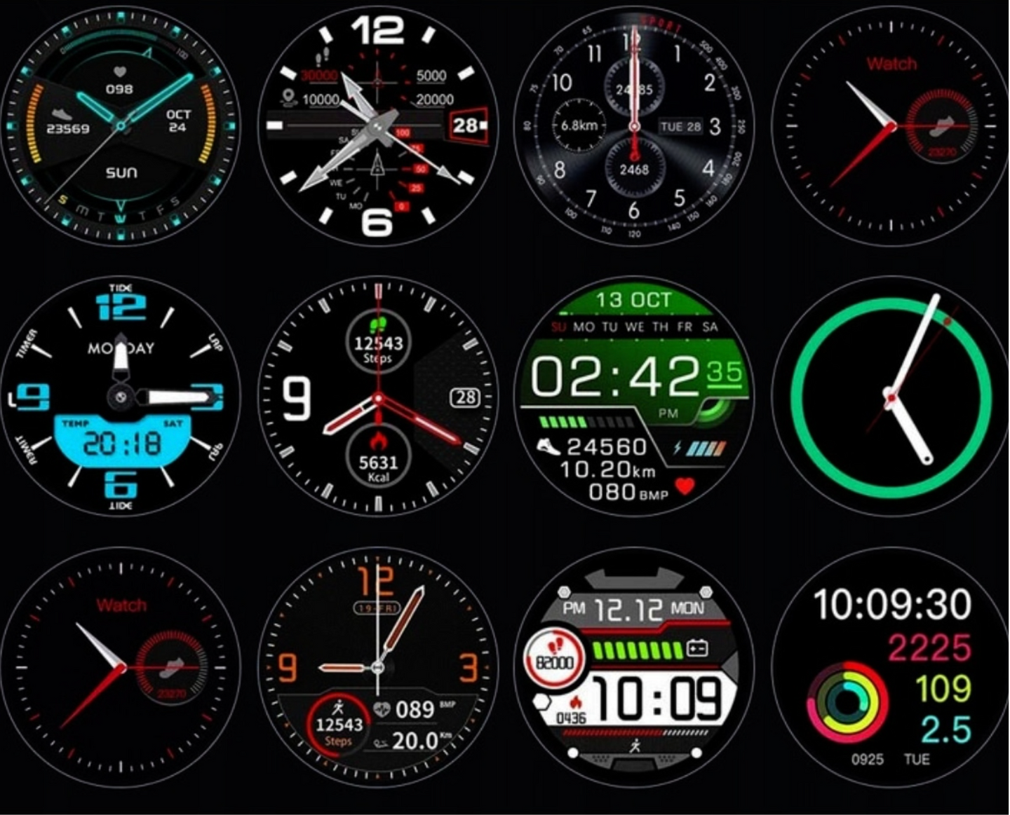 Various digital watch faces displayed on a dark background