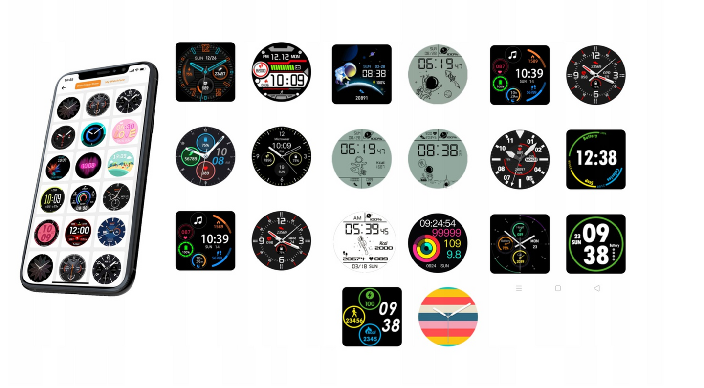 Collection of various smartwatch faces displayed on a white background