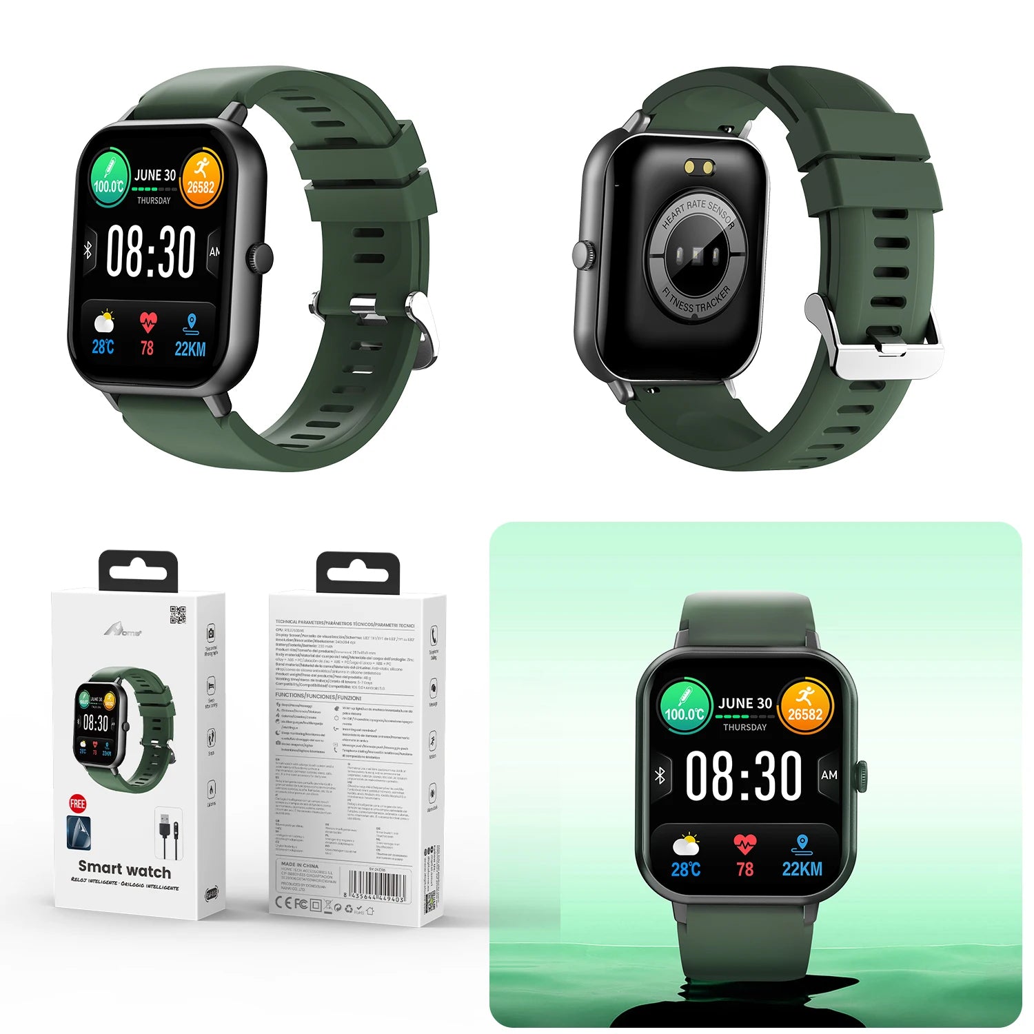 Smartwatch with green band displayed with packaging and additional angles on a white background