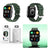 Smartwatch with green band displayed with packaging and additional angles on a white background