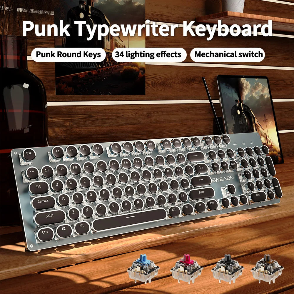 Punk typewriter keyboard with round keys and 34 lighting effects on a wooden surface.