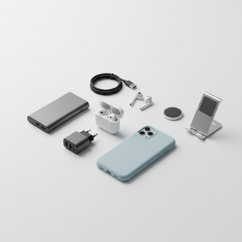 Collection of electronic accessories including a phone, charger, and earbuds on a light gray background