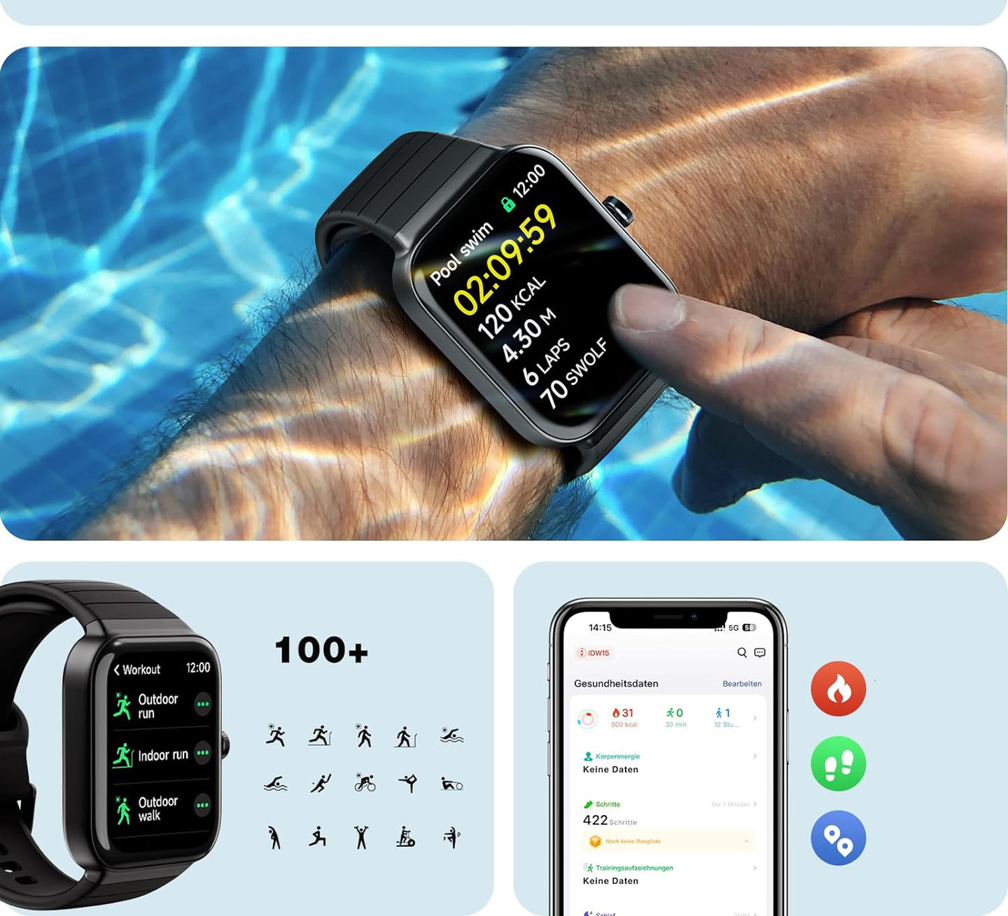 Smartwatch on a wrist with water in the background, fitness app icons, and smartphone app interface.