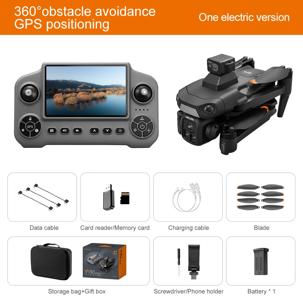Product display with drone controller, camera, and accessories on a white background