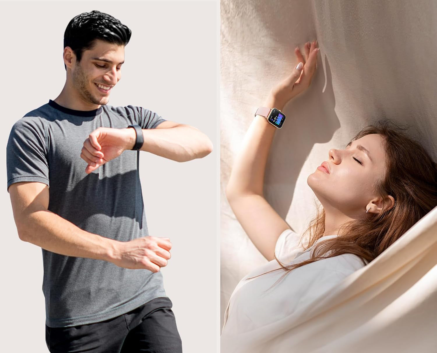 Two people wearing smartwatches, one standing and one lying down.