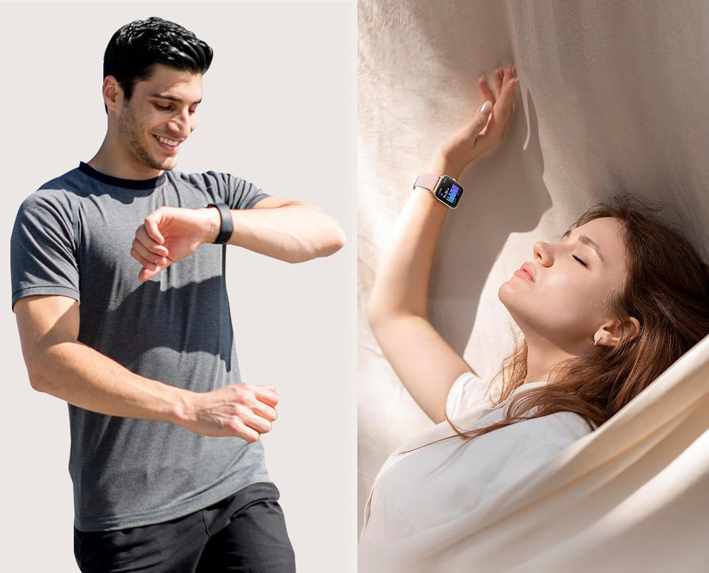 Two people wearing smartwatches, one standing and one lying down.