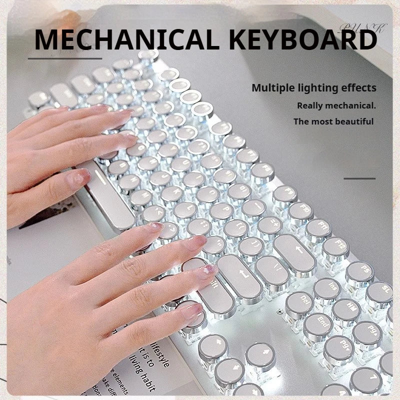 Mechanical keyboard with hands typing, highlighting multiple lighting effects.