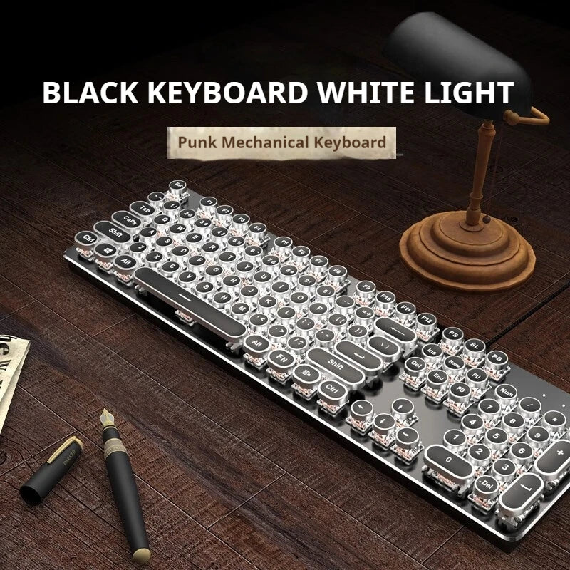 Punk mechanical keyboard on a wooden surface with a lamp and pen
