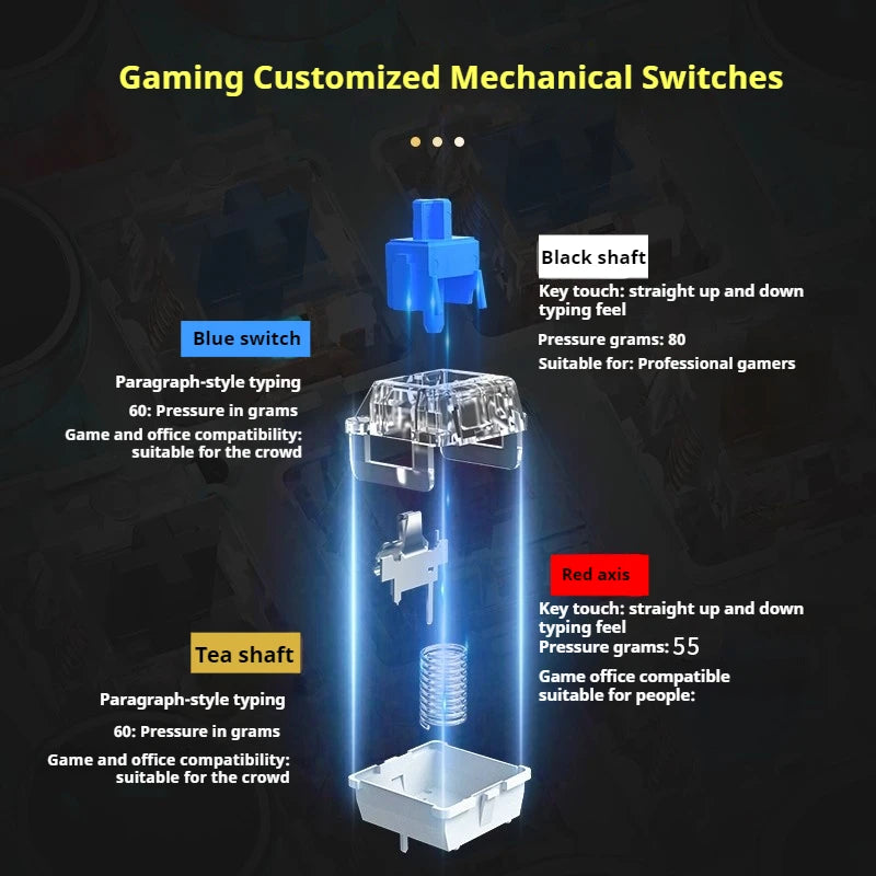 Gaming customized mechanical switches with blue, black, and tea shaft options on a dark background.