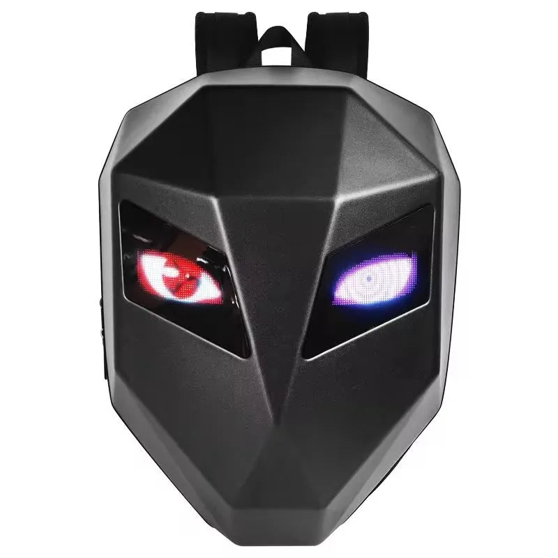 Black backpack with glowing eyes on a white background