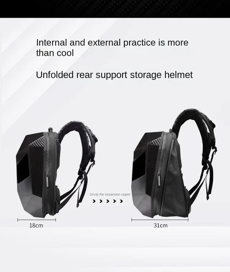 Unfolded rear support storage helmet with dimensions on a white background