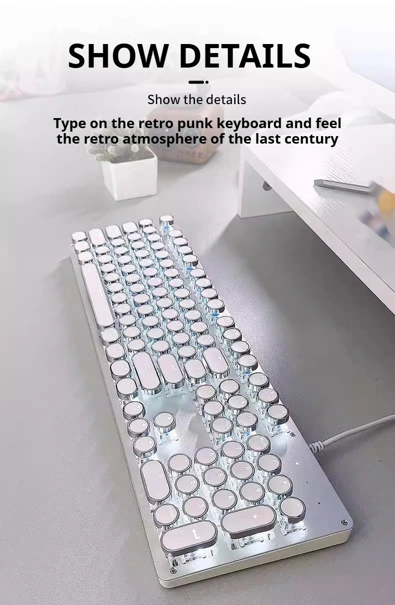 Retro-style keyboard with illuminated keys on a desk