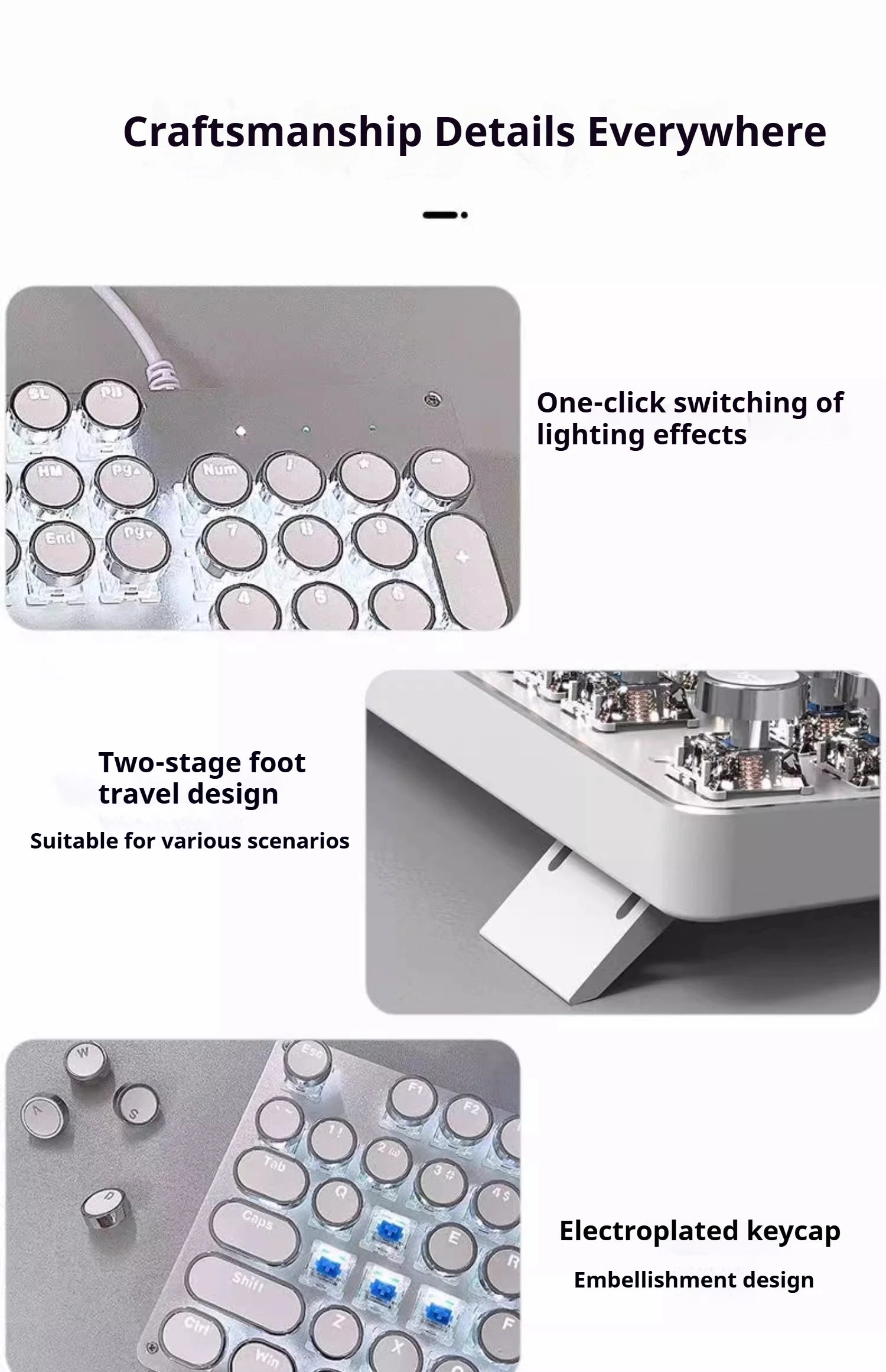 Product details with craftsmanship features including lighting effects, foot travel design, and keycap embellishment.