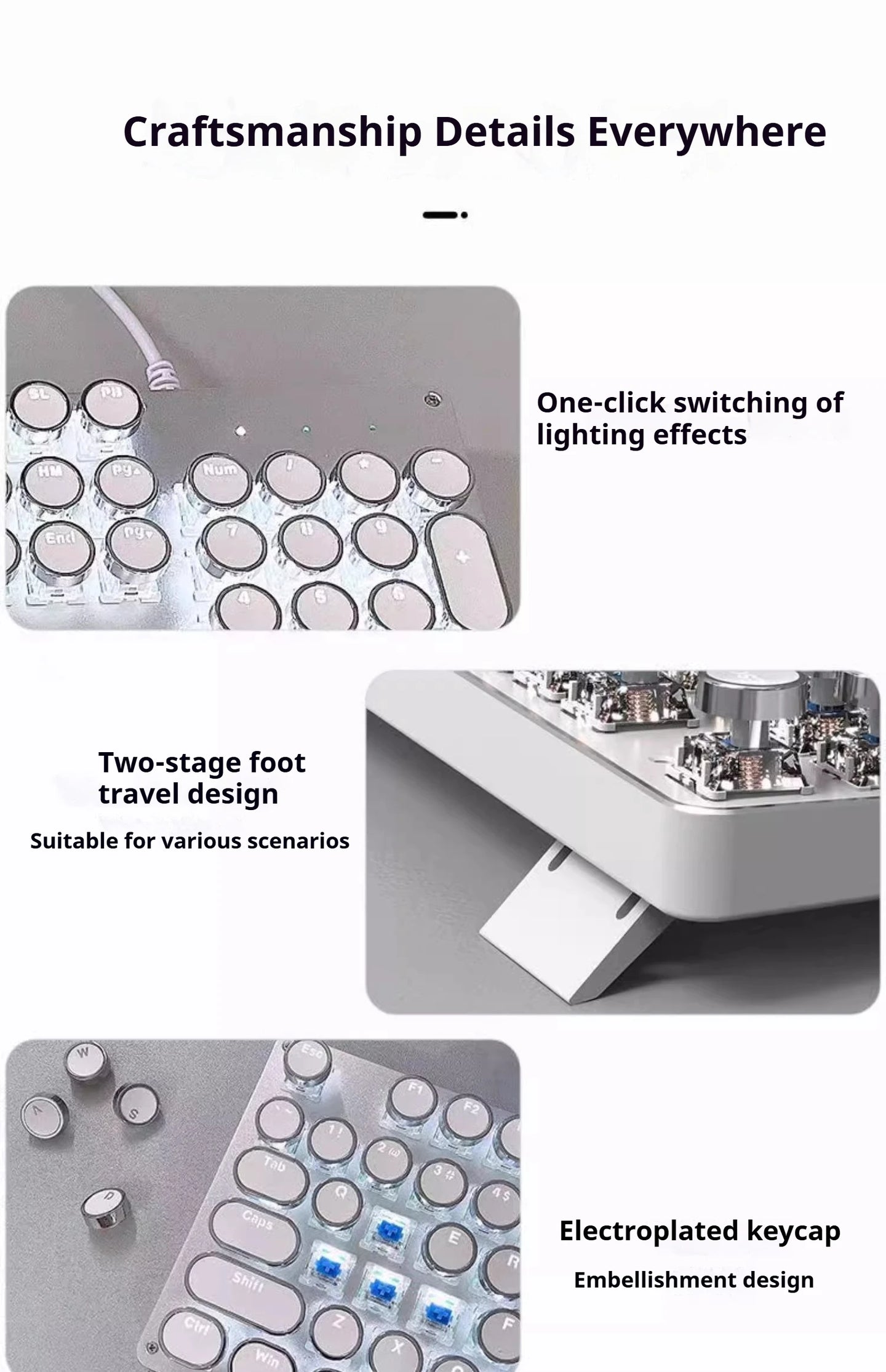 Product details with craftsmanship features including lighting effects, foot travel design, and keycap embellishment.