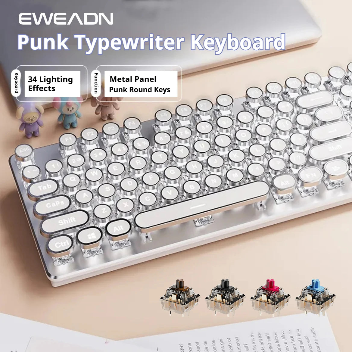 Punk typewriter keyboard with EWEADN branding on a beige surface.
