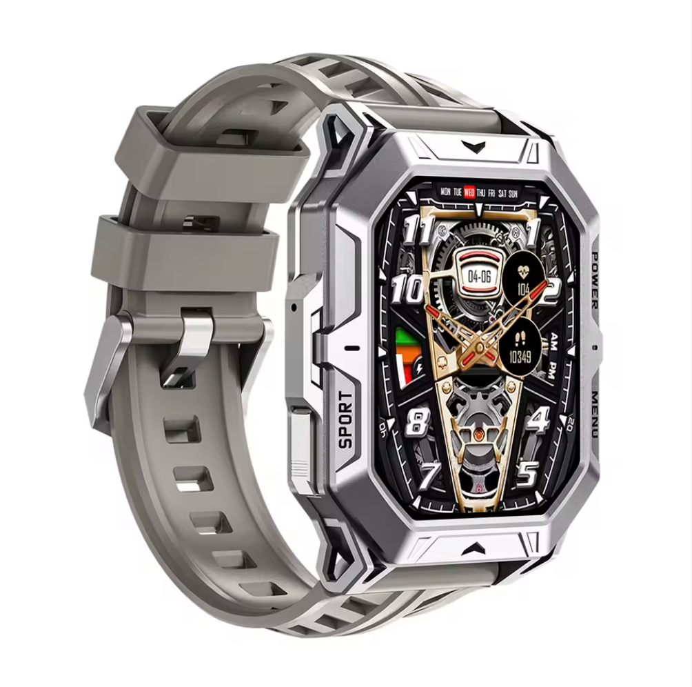 Luxury watch with a detailed face and gray strap on a white background