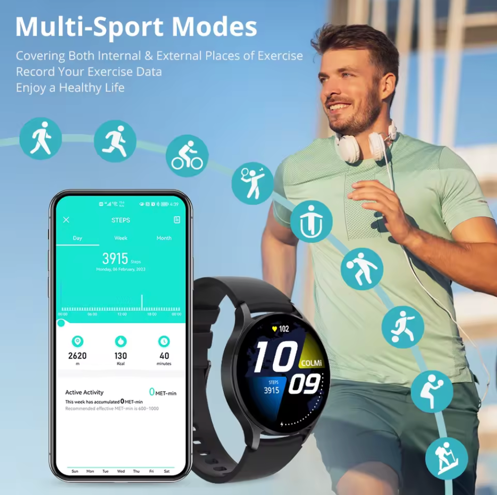Man exercising outdoors with smartphone and smartwatch displaying fitness data, featuring text about multi-sport modes.