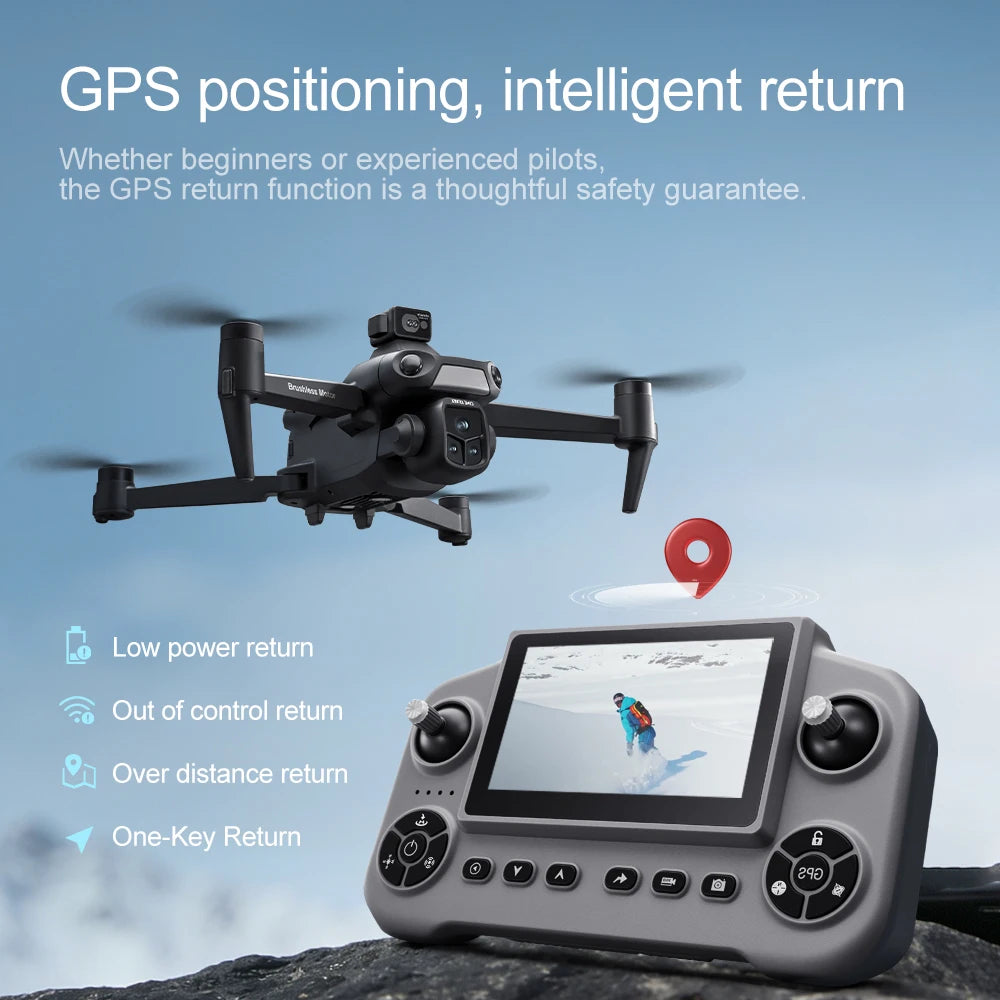 Drone with GPS positioning feature and controller on a blue background
