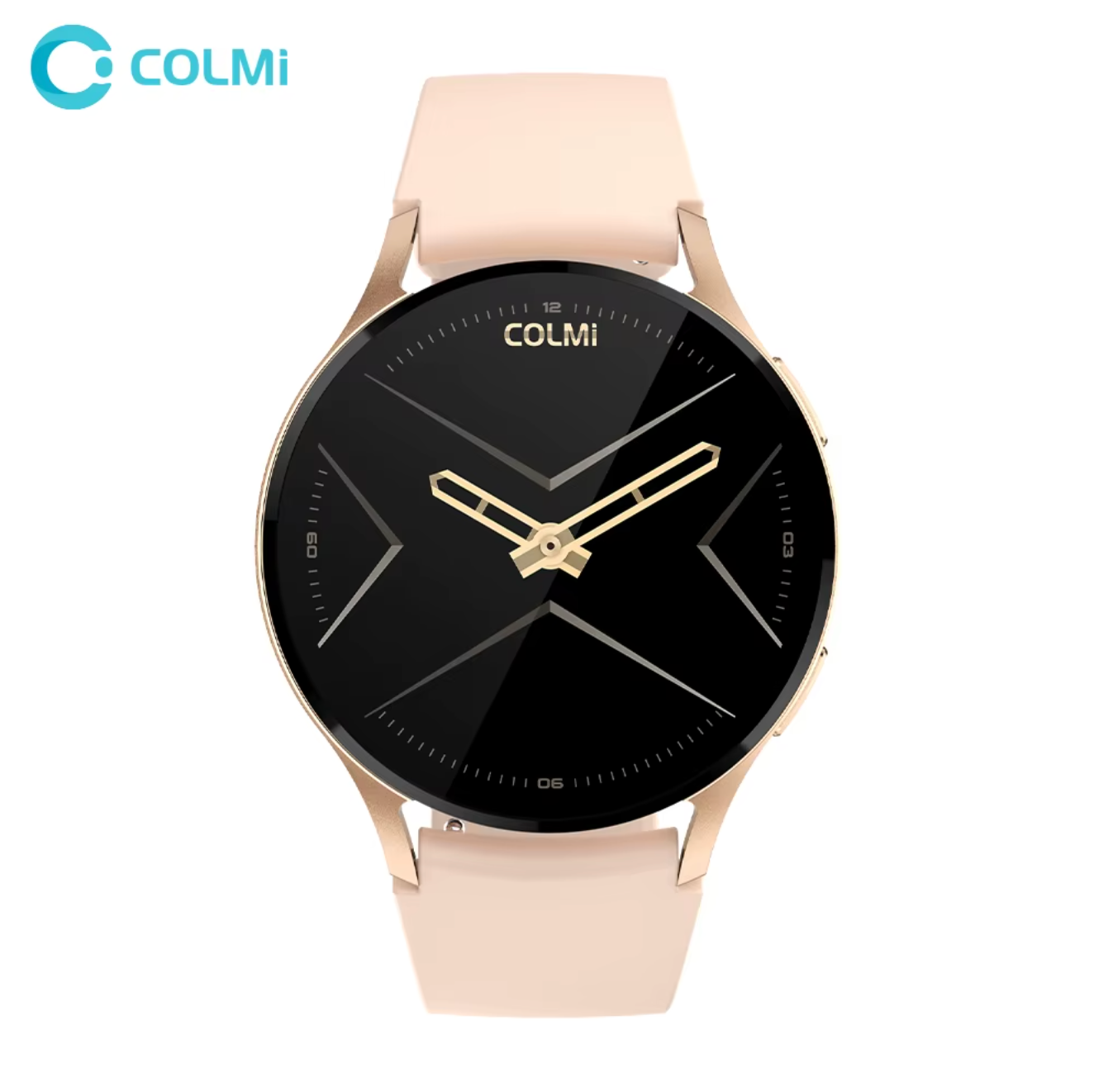 Watch with black dial and beige strap on a white background, featuring the COLMi brand.
